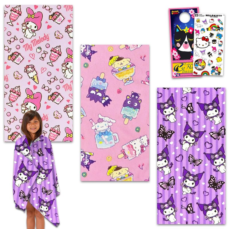 Sanrio Hello Kitty Friends Towel 3 Pack Set for Kids - Bundle with 3 Microfiber Towels Plus More