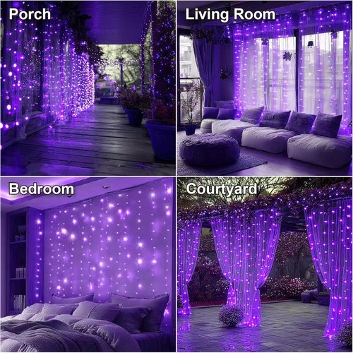 HXWEIYE 300LED Fairy Curtain Lights - 9.8x9.8Ft USB Plug-In with Remote | 8 Modes for Bedroom & Wedding Decor, Purple
