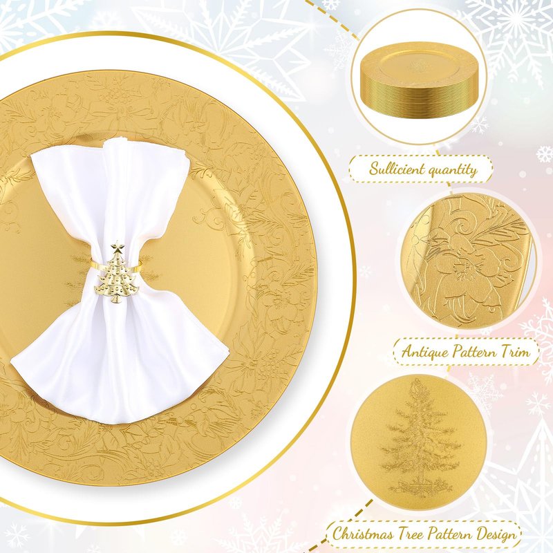 Tioncy 24 Pcs 13'' Christmas Gold Charger Plates Bulk Dinner Plates Plastic Round Charger for Party Plate Table Setting Tree Decorative Wedding Party Serving Restaurant Home Event Tabletop Decoration