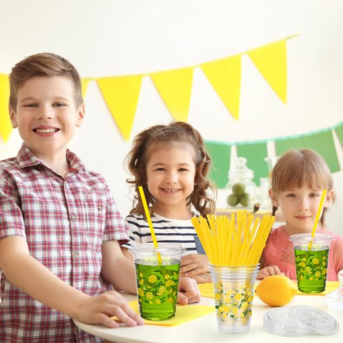 Kochorie 300 Pieces Lemon Plastic Disposable Cups with Lids and Straws 16 Ounce Lemon Hawaiian Luau Party Plastic Cups Clear Summer Tropical Party Cups Fruit Cold Cups for Lemonade Juice Water