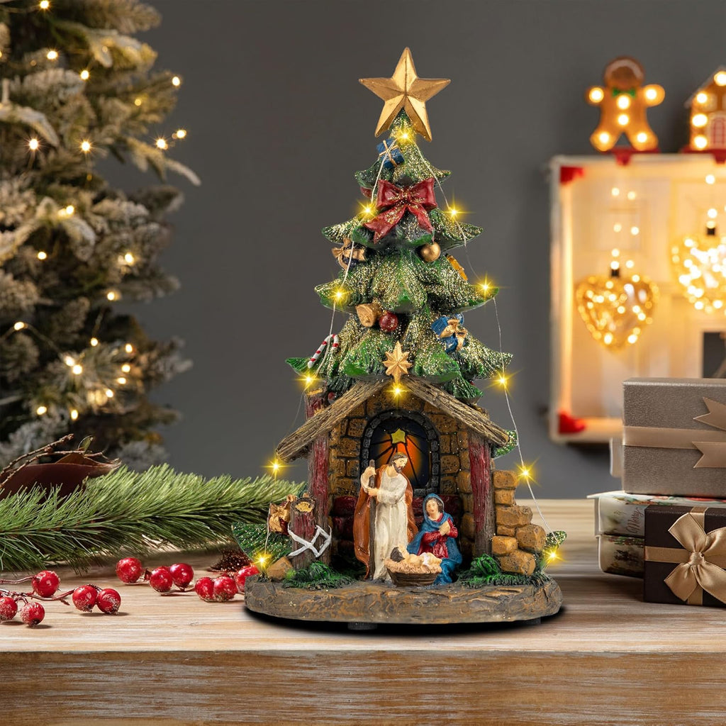 VISFLAIR 12'' Christmas Tree Nativity Scene - Lighted Musical Holy Family Figurines with LED & Silent Night Music