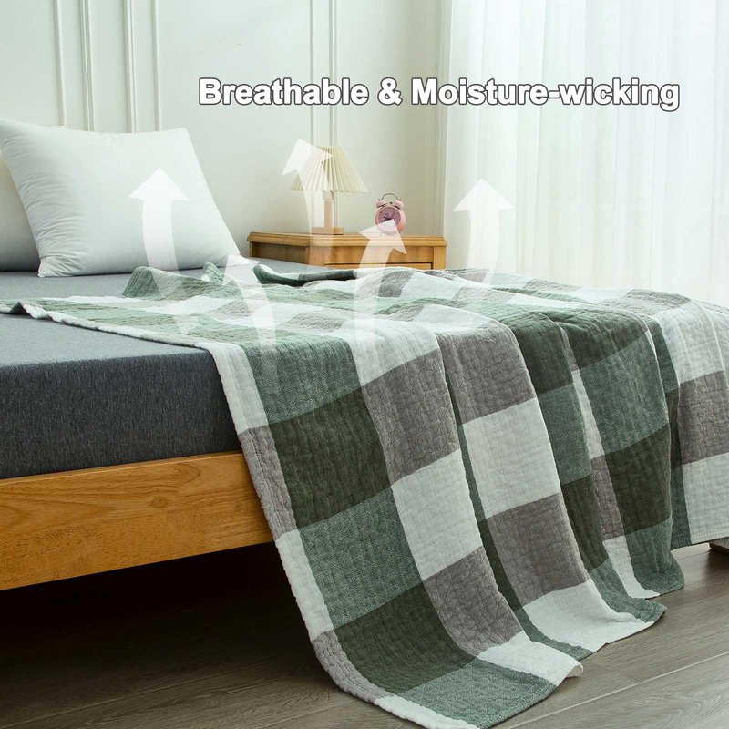 youlanhome Checkered Throw Blanket, Soft Cozy Reversible 4 Layer Pre-Washed Cotton Blankets Lightweight Breathable Queen Throw Blanket BOR All Season,Green Checkered, 60" X 80"