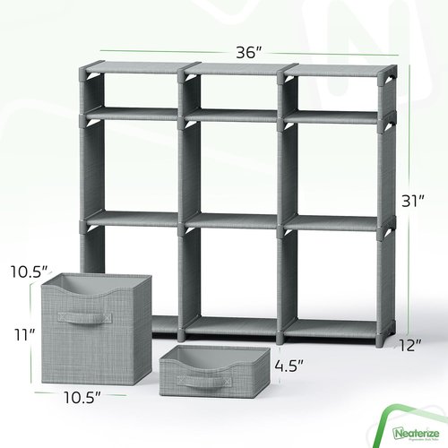 Cube Storage Organizer - 9 Storage Bins Included for Closet, Toy & Clothes Organization | Grey