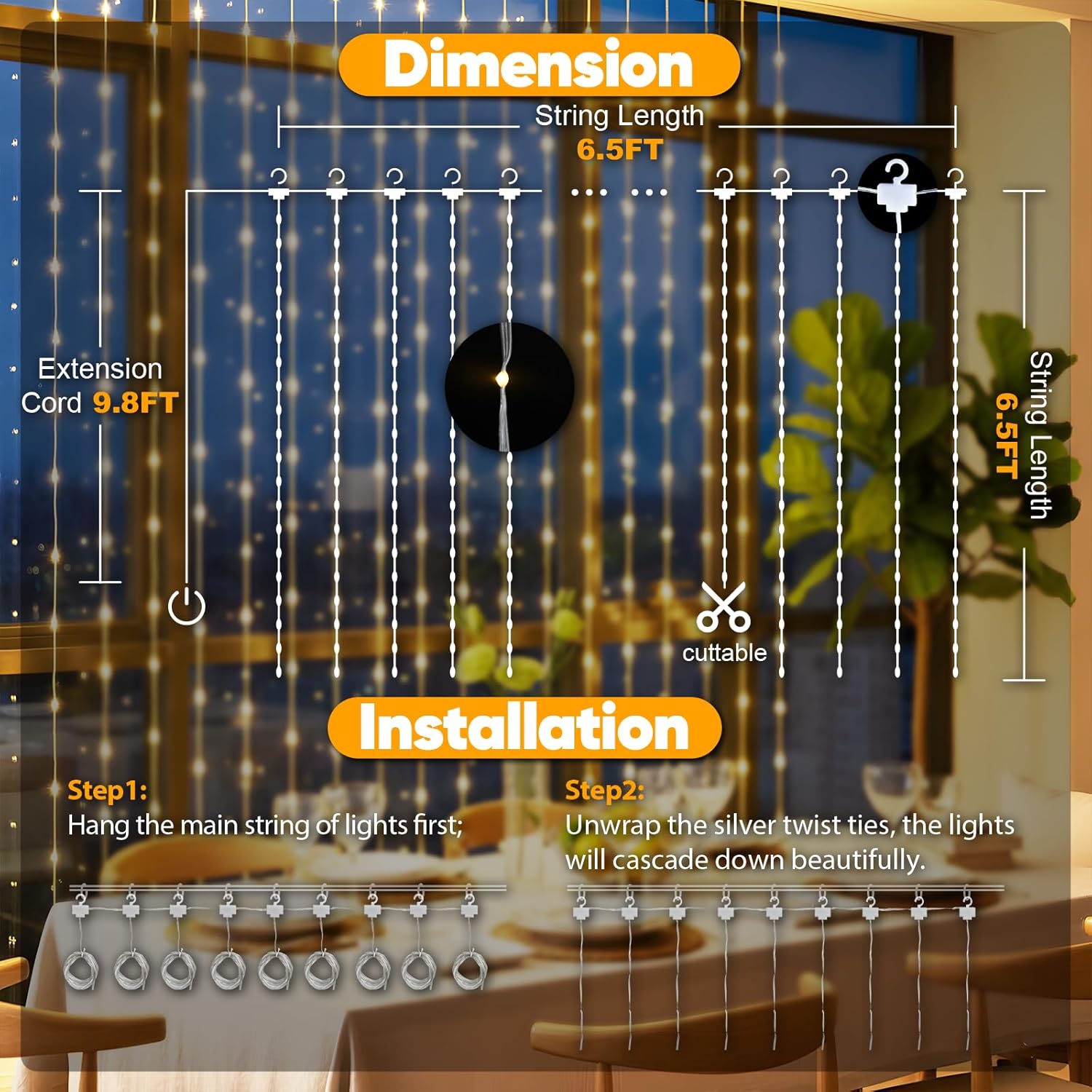 Suddus Tangle-Free Curtain Lights - 200 LED Warm White Hanging Lights | 6.5x6.5ft for Bedroom & Party Decor