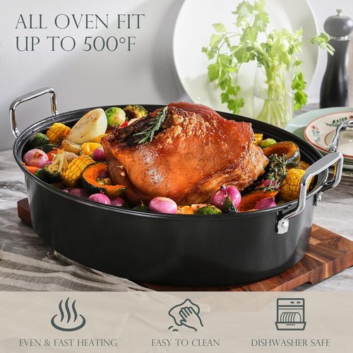 KITESSENSU Extra Large Roasting Pan - Nonstick Turkey Roaster with Rack, 18 x 14 Inch, Gray