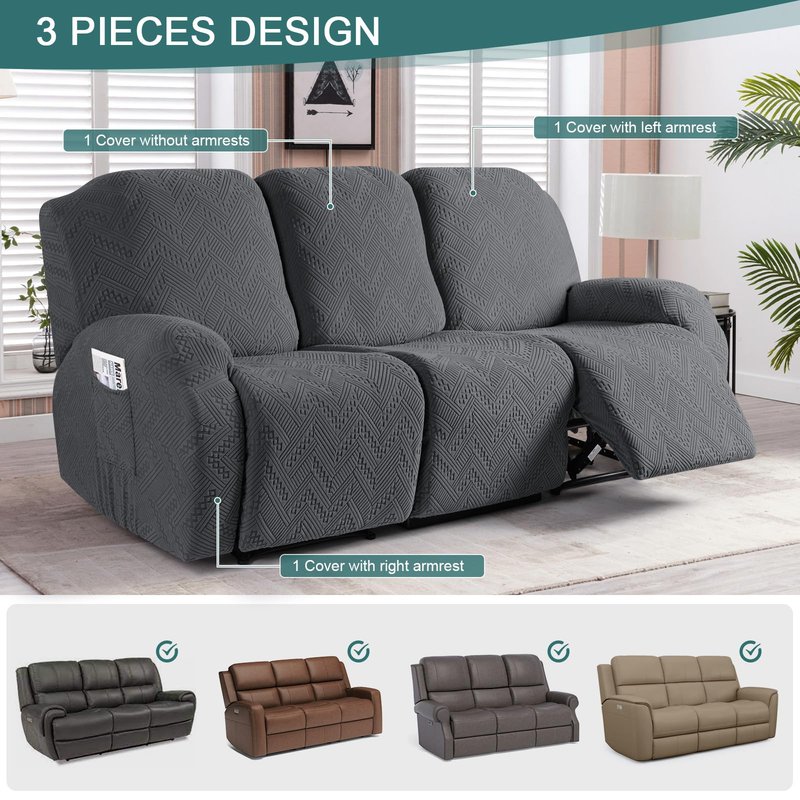 Ruaozz Recliner Sofa Covers Recliner Chair Covers Couch Covers for Reclining Couches with Pockets Washable Furniture Protector with Elastic Bottom (3 Seater, Dark Gray)