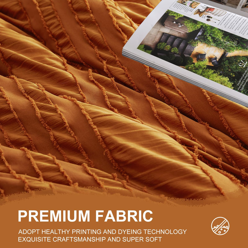 Burnt Orange Tufted Textured Comforter Set Queen Size, 7 Piece Bed in a Bag，Shabby Chic Boho Bedding for Bedroom Comforter，All Season Soft Microfiber Ruffle Comforter Set with Pillow and Sheets