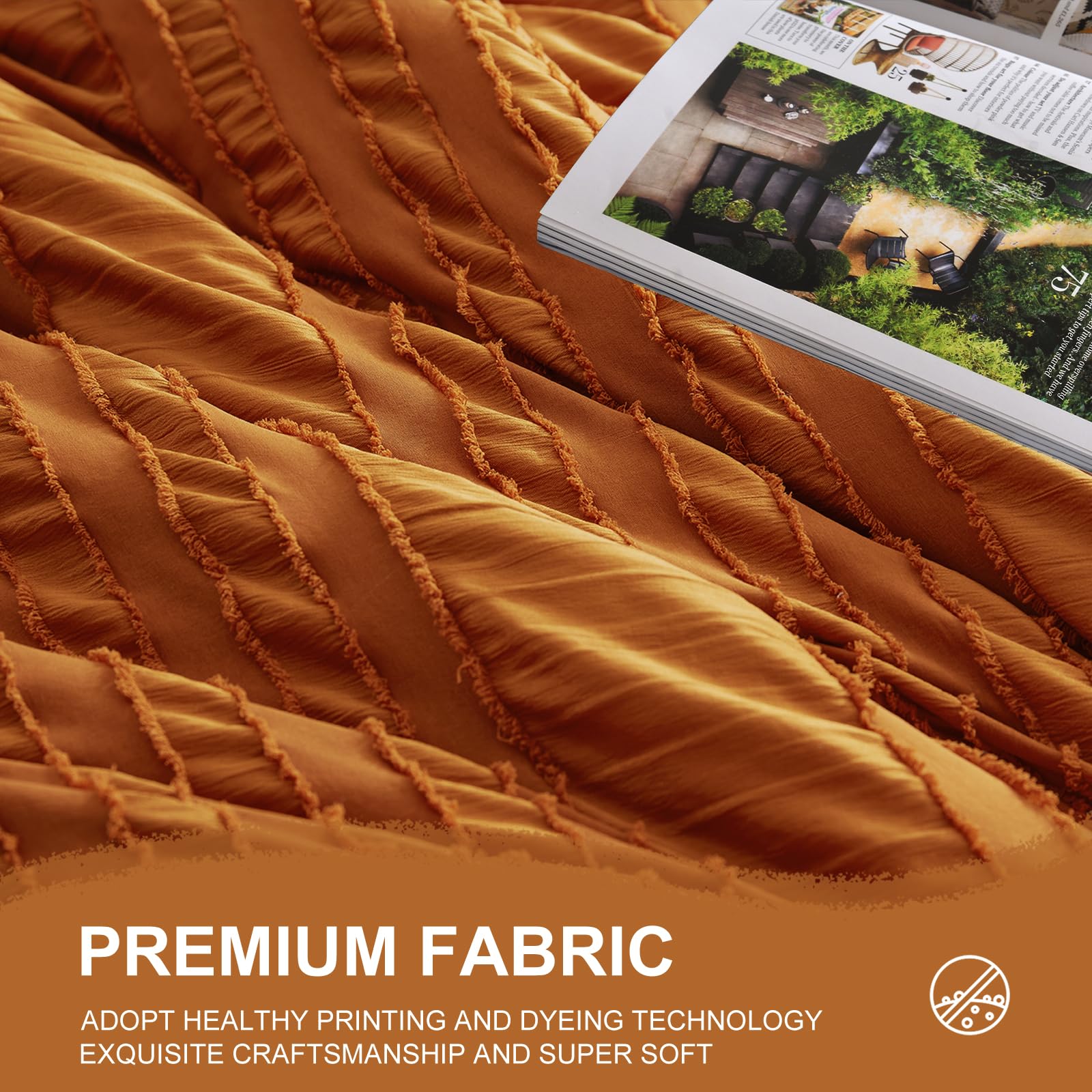 Burnt Orange Tufted Textured Comforter Set Queen Size, 7 Piece Bed in a Bag，Shabby Chic Boho Bedding for Bedroom Comforter，All Season Soft Microfiber Ruffle Comforter Set with Pillow and Sheets