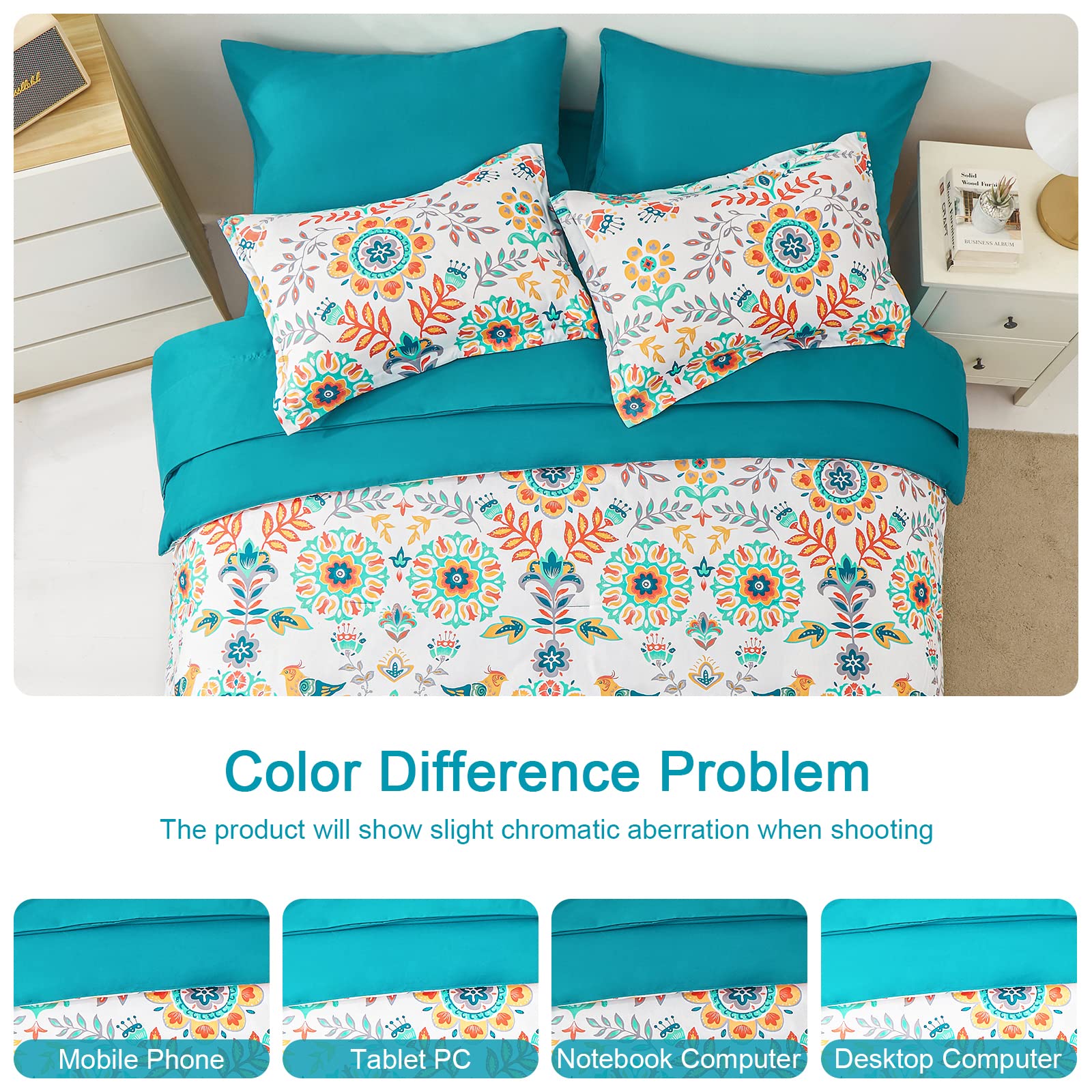 DHSFKBE Boho Comforter Set Queen - 7 Pieces Bed in a Bag Floral Medallions Design, Bohemian Comforter Set with Sheets, Soft Microfiber Complete Bedding Sets All Season (Teal Blue, Queen)