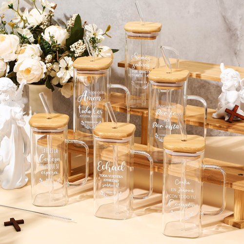 Sunnychicc 10 Pcs Christian Glass Cup with Handle Lid Straw Brush and Sleeve 13.5oz Bible Verse Coffee Cup Inspirational Religious Tumbler Gift for Women Men Employee Office(Spanish)