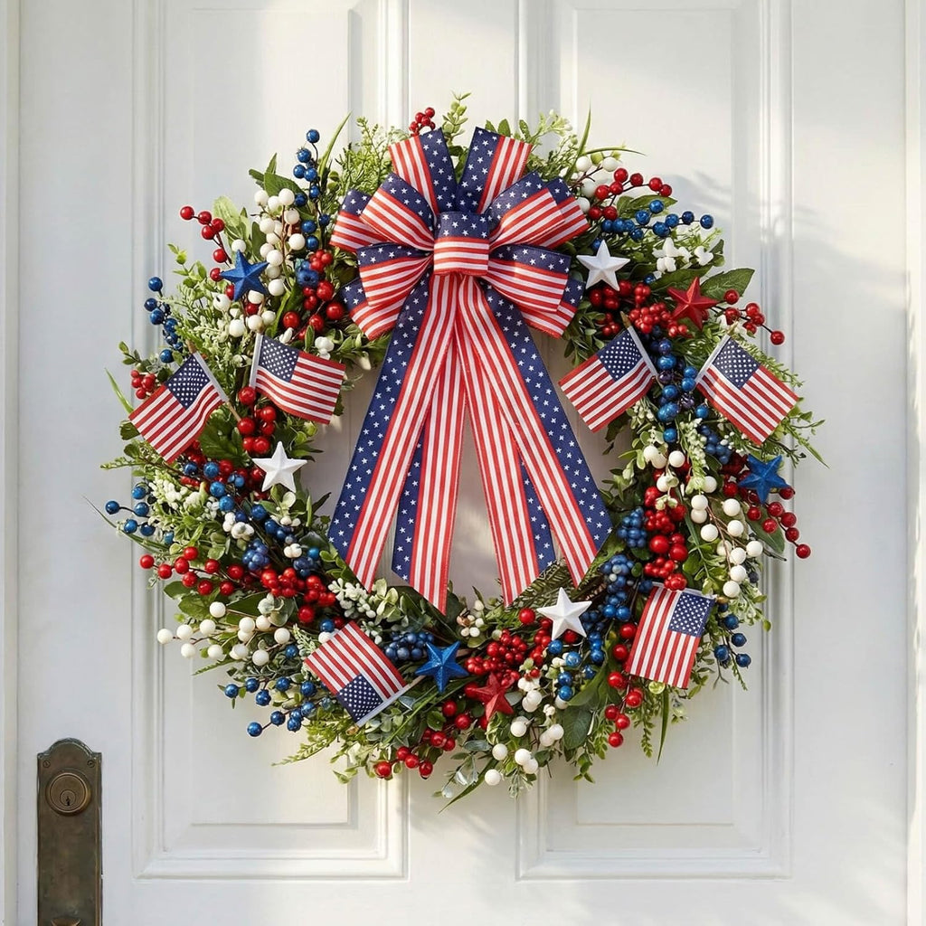 Patriotic Classic Bow - Large 20.87" Red, White & Blue Wired Edge Bow for Wreaths & Front Doors
