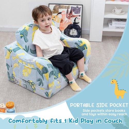 Airpanda Comfy Toddler Chair and Couch for Kids with Blanket,2-in-1 Soft Plush Fold Out Toddler Couch for Girls and Boys,Convertible Sofa to Lounger for Playroom,Glowing Dinosaur