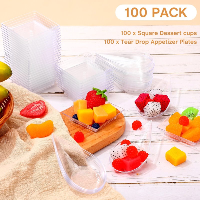 Rozer 200 Pcs Mini Appetizer Plates and Tear Drop Spoons for Weddings Party 2.5 x 2.5 Inches 4 x 2 Inches Plastic Mini Dessert Plates Disposable Appetizer Spoons (Transparent)