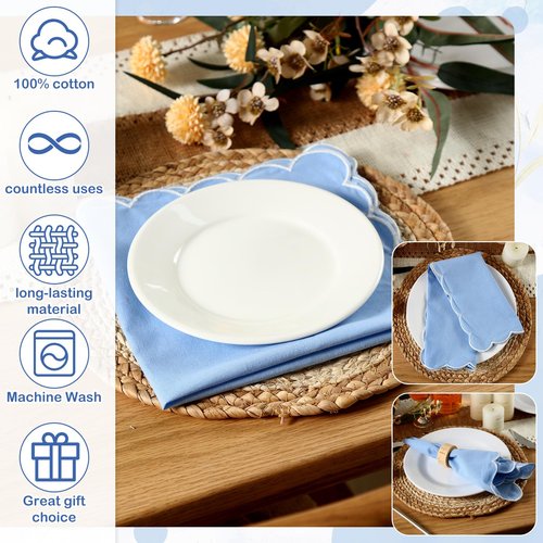 Mindsoft Wedding Cloth Napkins Scalloped Embroidered Dinner Napkins 100% Cotton Reusable Washable 18 x 18 Inch Decorative Table Napkin for Wedding Dinner Restaurant Party Decoration(Blue,8 Pcs)