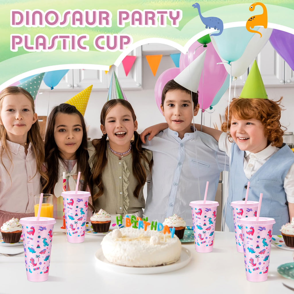 Chuangdi 12 Pcs Dinosaur Birthday Party Supplies for Girls Pink Dinosaur Cups for Kids 24oz Plastic Dino Cups Tumbler with Lid and Straw for Dino Birthday Party Favors