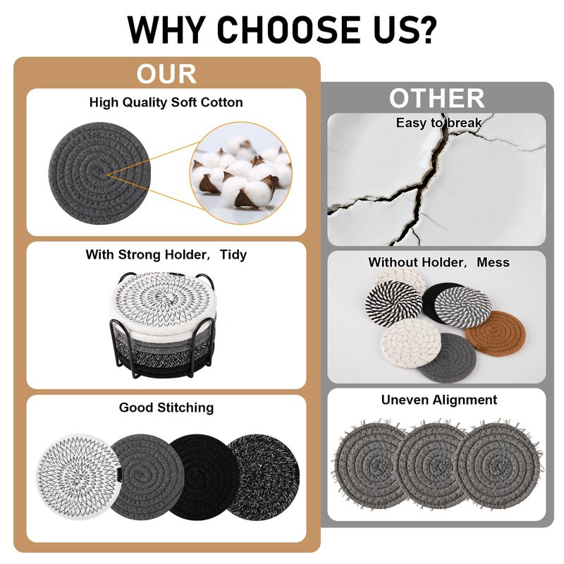 OIAHOMY 8 Pcs Coasters with Holder for Beer, Coffee, Woven Cotton Coaster Set for Table Decor for Kitchen, Bar, Dining Room, Living Room, Housewarming Gifts - Black