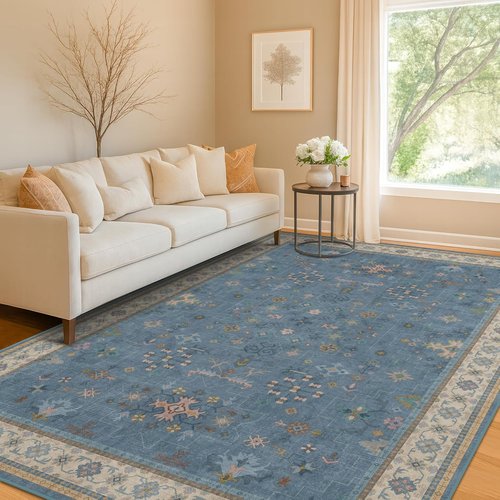 Boho 7x9 Living Room Rug - Modern Dark Blue Lightweight Washable Carpet for Dining & Bedroom