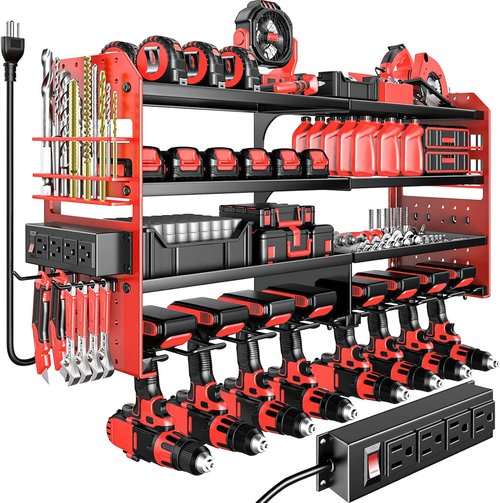 Large Power Tool Organizer by [Brand Name] - Heavy Duty Wall Mount with Charging Station & 8 Drill Holders | Red