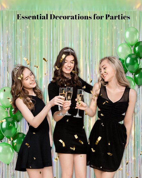 Iridescent Green Party Streamers Backdrop - Neon Holographic Tinsel Foil Fringe Curtain | 2 Pack, 3.31 x 6.6 ft