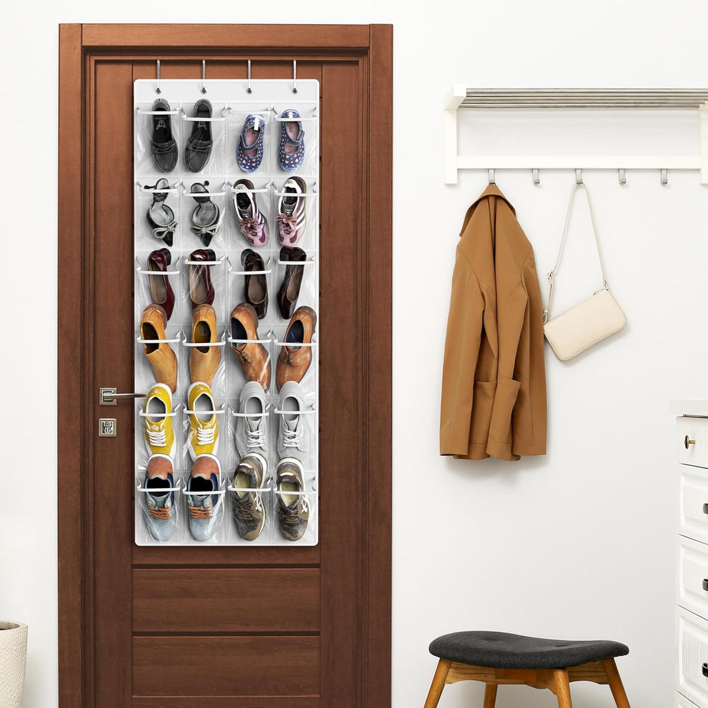 Simple Houseware Over The Door Hanging Shoe Organizer - 24 Clear Pockets, White (56" x 22.5")