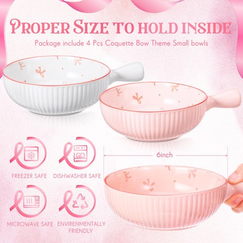 Reallnaive 4 Pcs Pink Bow Soup Bowls with Handles 15 oz Coquette Bow Theme French Onion Soup Crocks Ceramic Large Salad Bowl Oven Safe for Stew Onion, Chili, Cereal, and Pasta Stackable Serving Set