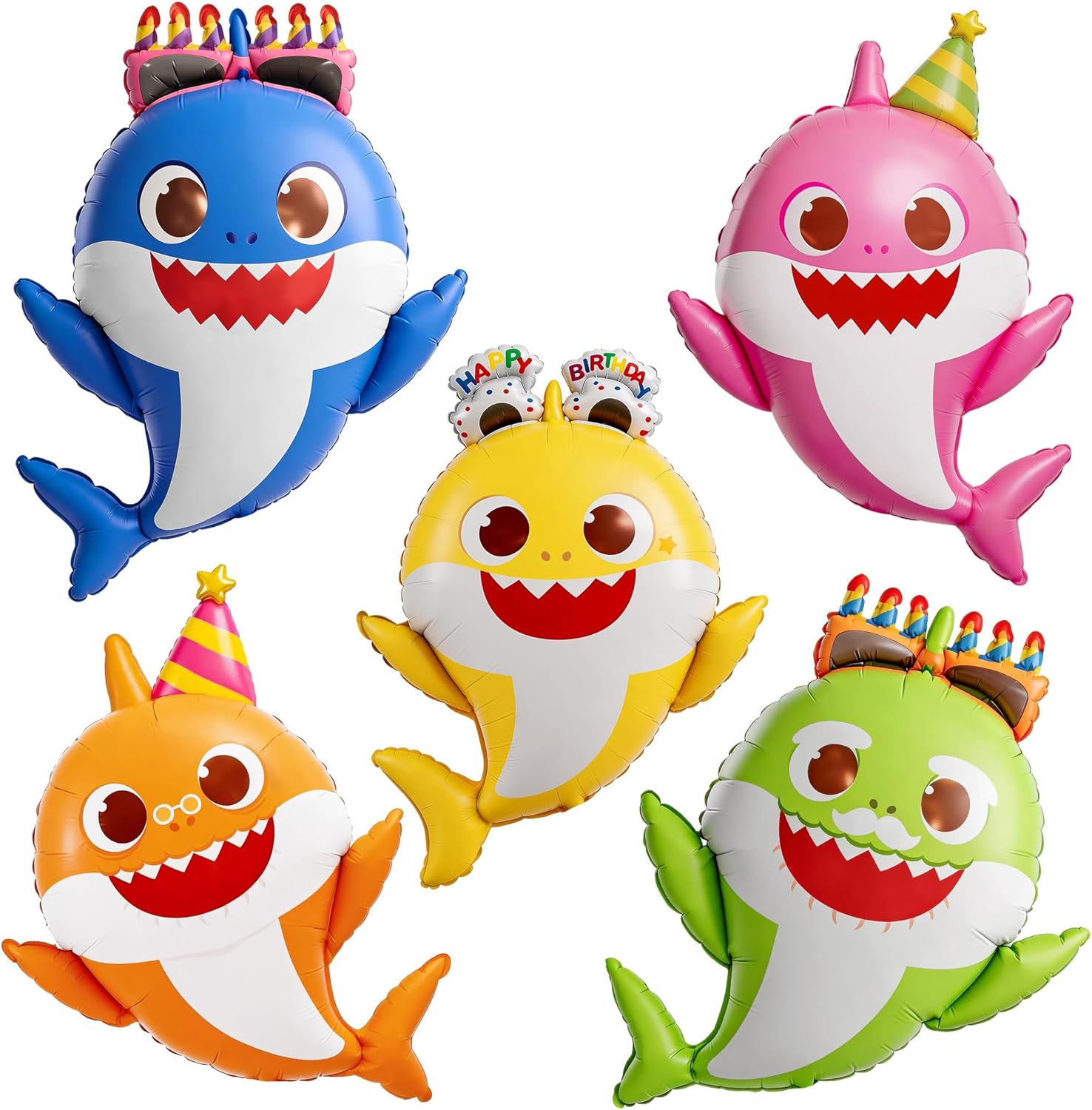 PartyWoo Baby Shark Family Foil Balloons - 5pcs Mylar Helium Balloons for Ocean-Themed Birthday Party | 36-34-32 Inch