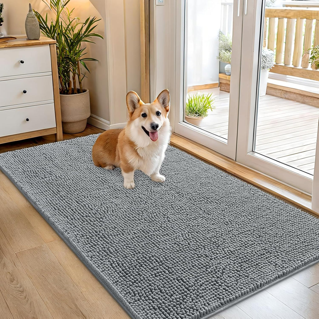 OLANLY Dog Door Mat - Absorbent Non-Slip Chenille Mat for Muddy Paws | 54x32 Inches, Grey