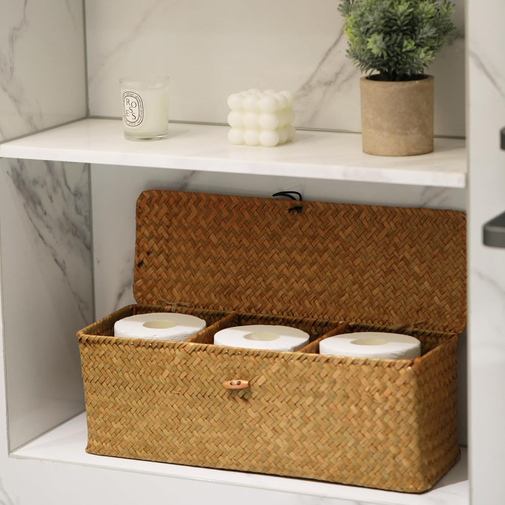 Seagrass Tank Basket - Woven Storage Basket with Lid for Organizing Snacks, Toys & More | Large 16.5" L x 5.5" W x 5.5" H