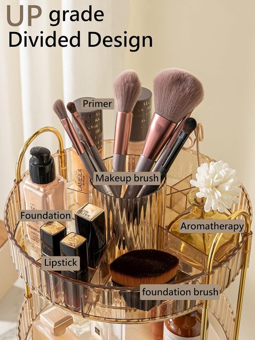 Asayuee 360° Rotating Makeup Organizer - 3-Tier Large Capacity for Skincare & Cosmetics | Gold