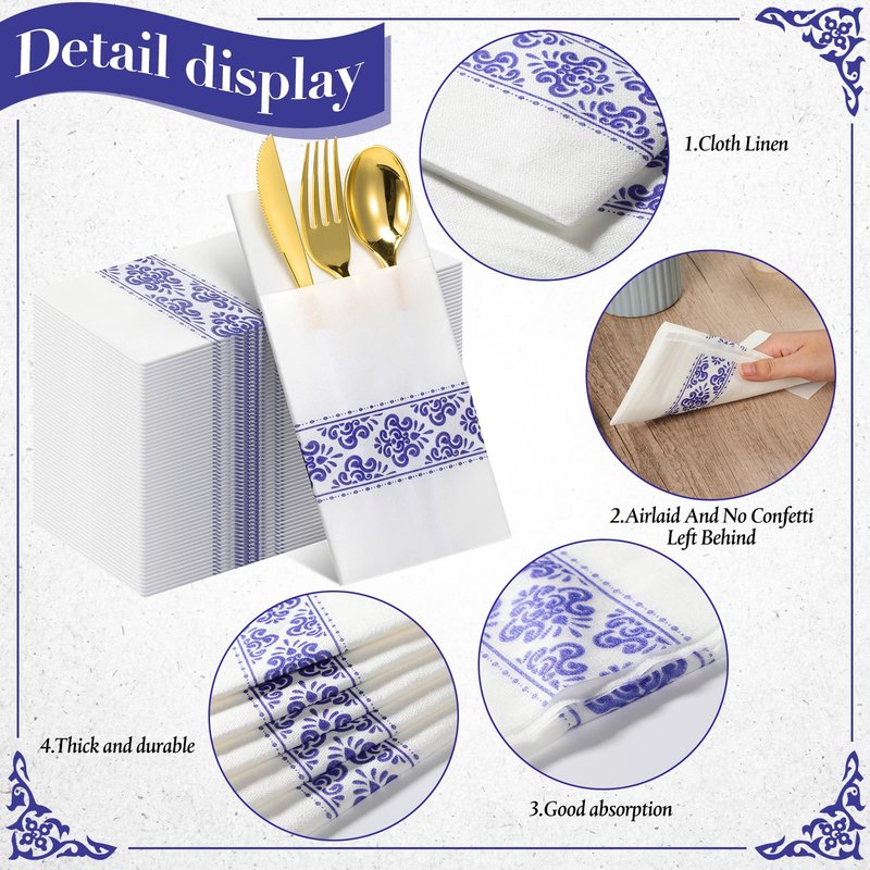 Qilery 100 Pack White Pocket Napkins Blue Floral Disposable Airlaid Paper Napkins with Built-in Flatware Pocket for Dinner and Wedding