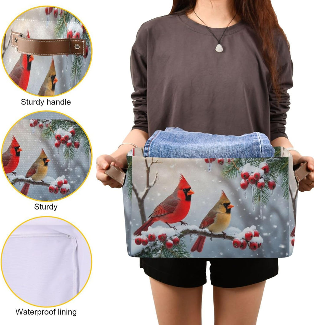 Winter Cardinal Birds Fabric Laundry Basket - Stylish Snow Storage Organizer for Baby Clothes & Toys | 16x12x8