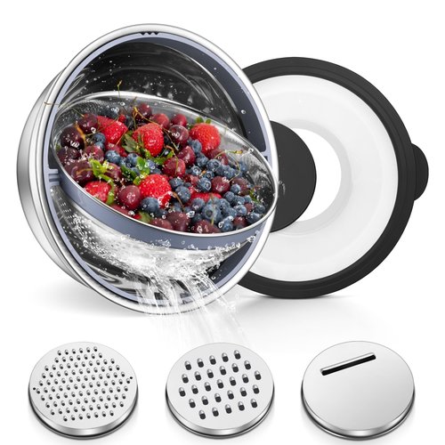 TeamFar 4-1 Colander with Bowl Set, Rotatable Colander for Kitchen, Stainless Steel Food Strainers and Colanders Mixing Bowl with Graters, for Veggies Fruits Washing, Pasta Straining - Black