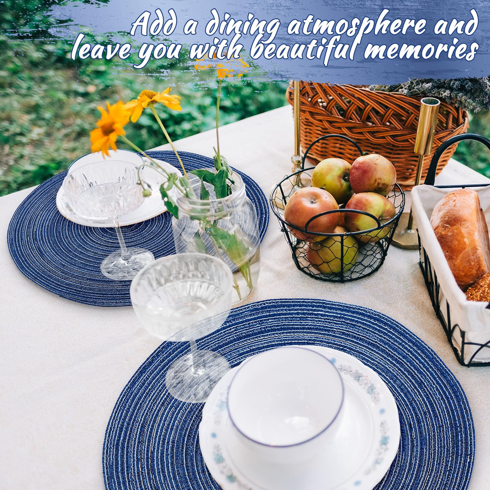 Mindsoft 12 Pcs Round Placemats 14.2 Inch Woven Braided Placemats Washable Reversible Circle Polyester Table Mats for Dinner Holiday Spring Party Wedding Table Centerpiece (Navy Blue)