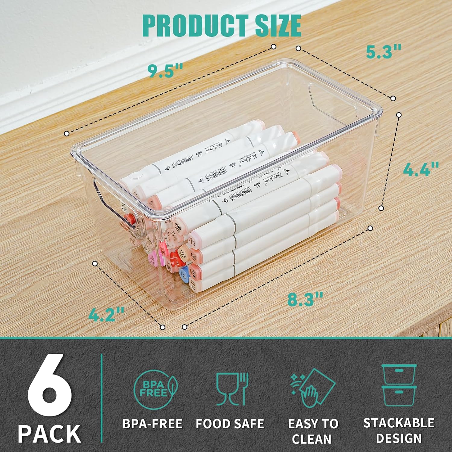 Skiennix 6-Pack Clear Storage Bins - Stackable Acrylic Craft Containers with Lids & Handles for Pantry, Kitchen, Office