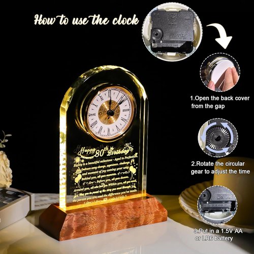 Arikyrist 80th Birthday Glass Clock - Unique Keepsake Gift for Men & Women with Wooden Light Base
