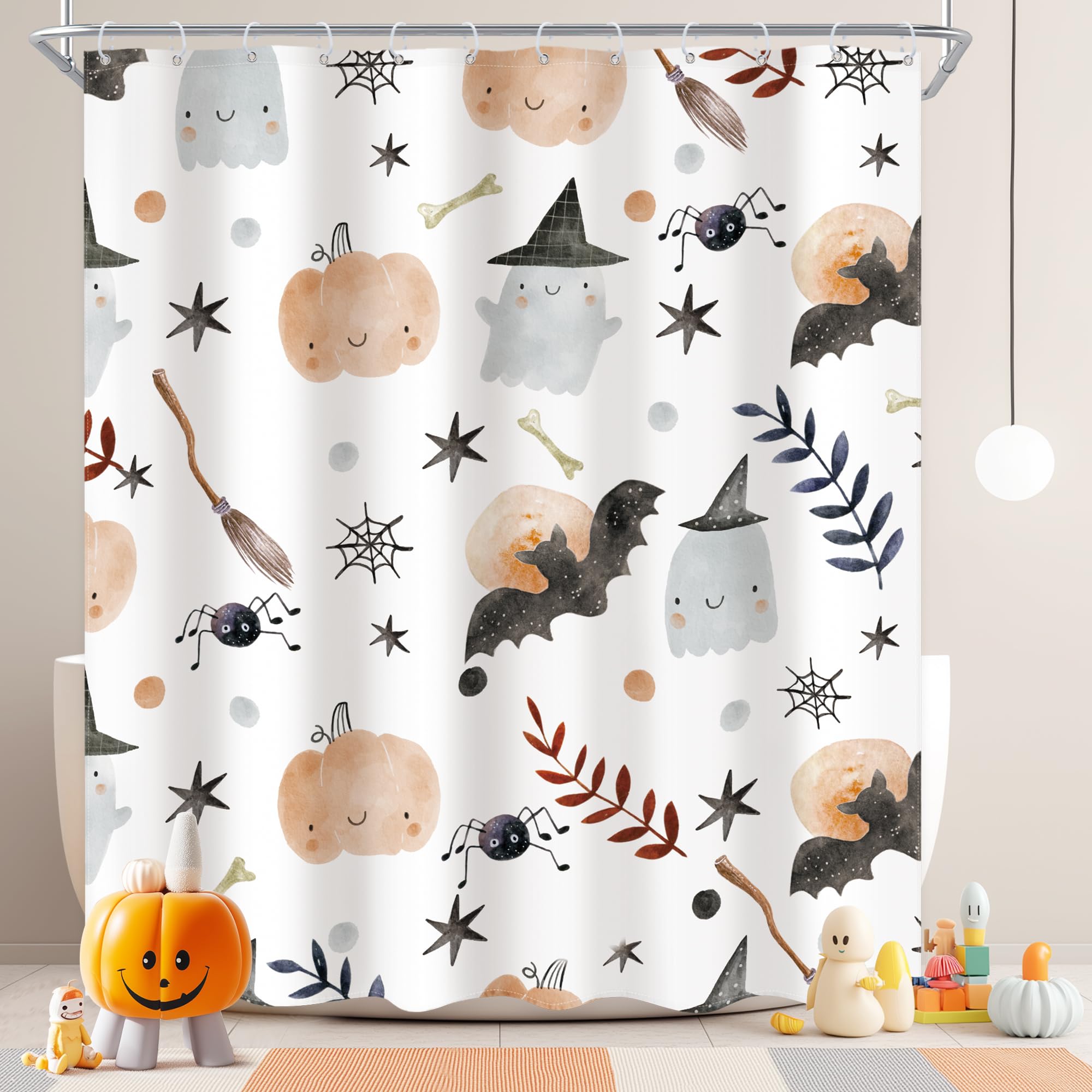 Ufeela Halloween Kids Shower Curtain 60Wx72L Inch Cute Cartoon Ghost Pumpkin Shower Curtain Bathroom Set Bat Spider Web Wizard Hat Funny Stars Leaves Bath Curtain Bathtub Accessories Home Decor