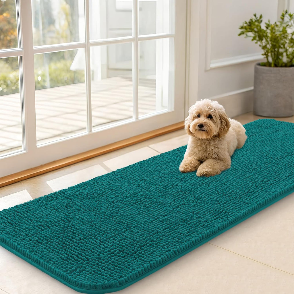 OLANLY Dog Door Mat - Absorbent Non-Slip Chenille for Muddy Paws | 59x20 Inches, Quick Dry, Lake Blue