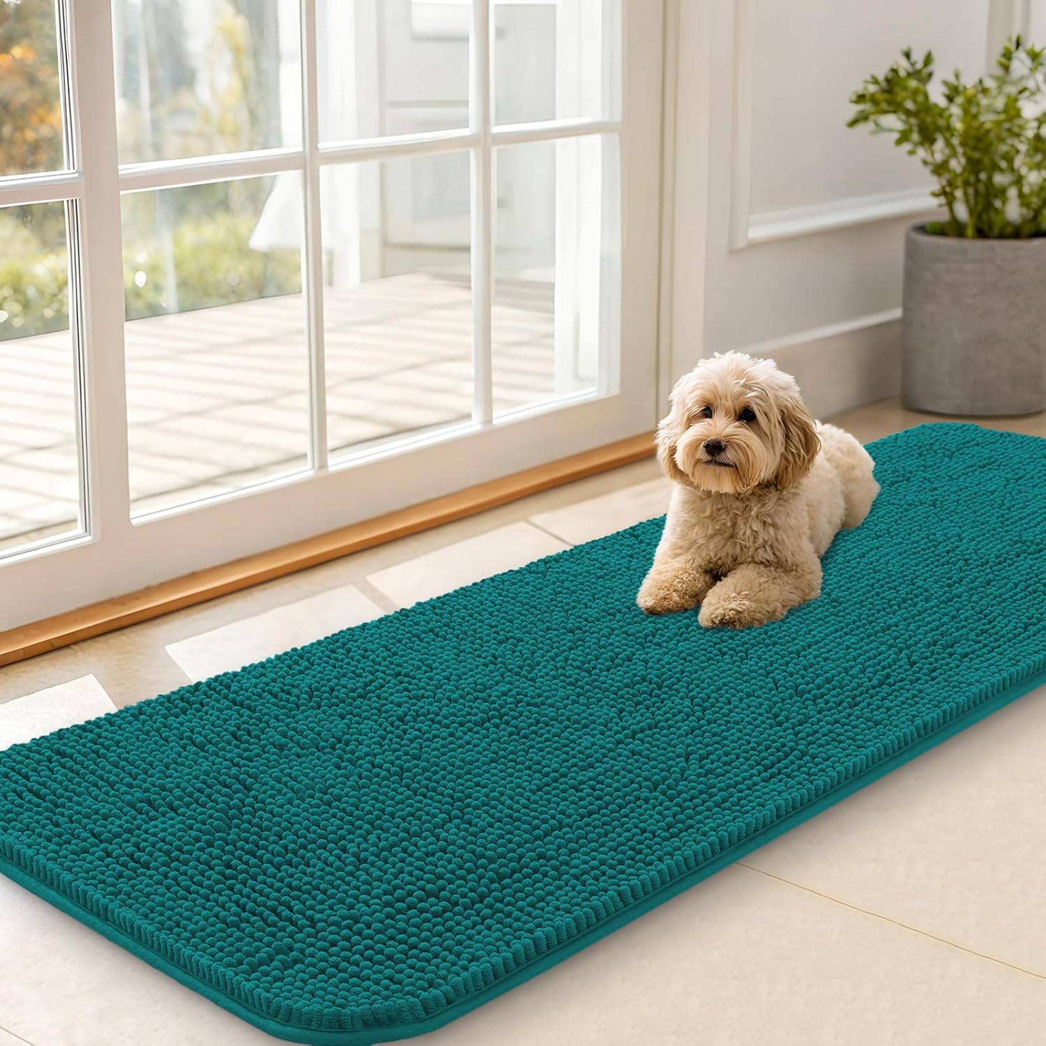 OLANLY Dog Door Mat - Absorbent Non-Slip Chenille for Muddy Paws | 59x20 Inches, Quick Dry, Lake Blue