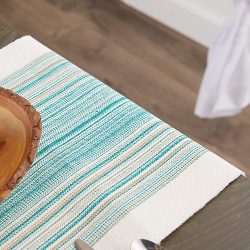 DII Everyday Collection Fringed Stripe Tabletop, Table Runner, 14x72, Teal