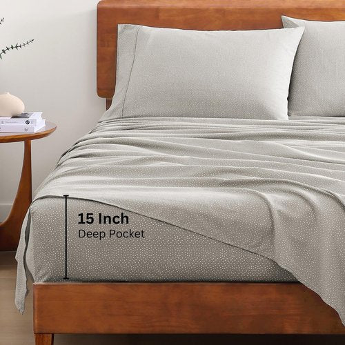 LANE LINEN 100% Organic Cotton Full Sheets Set - Grey with White Dots | Breathable 4-Piece Bedding for Mattresses Up to 15" Deep