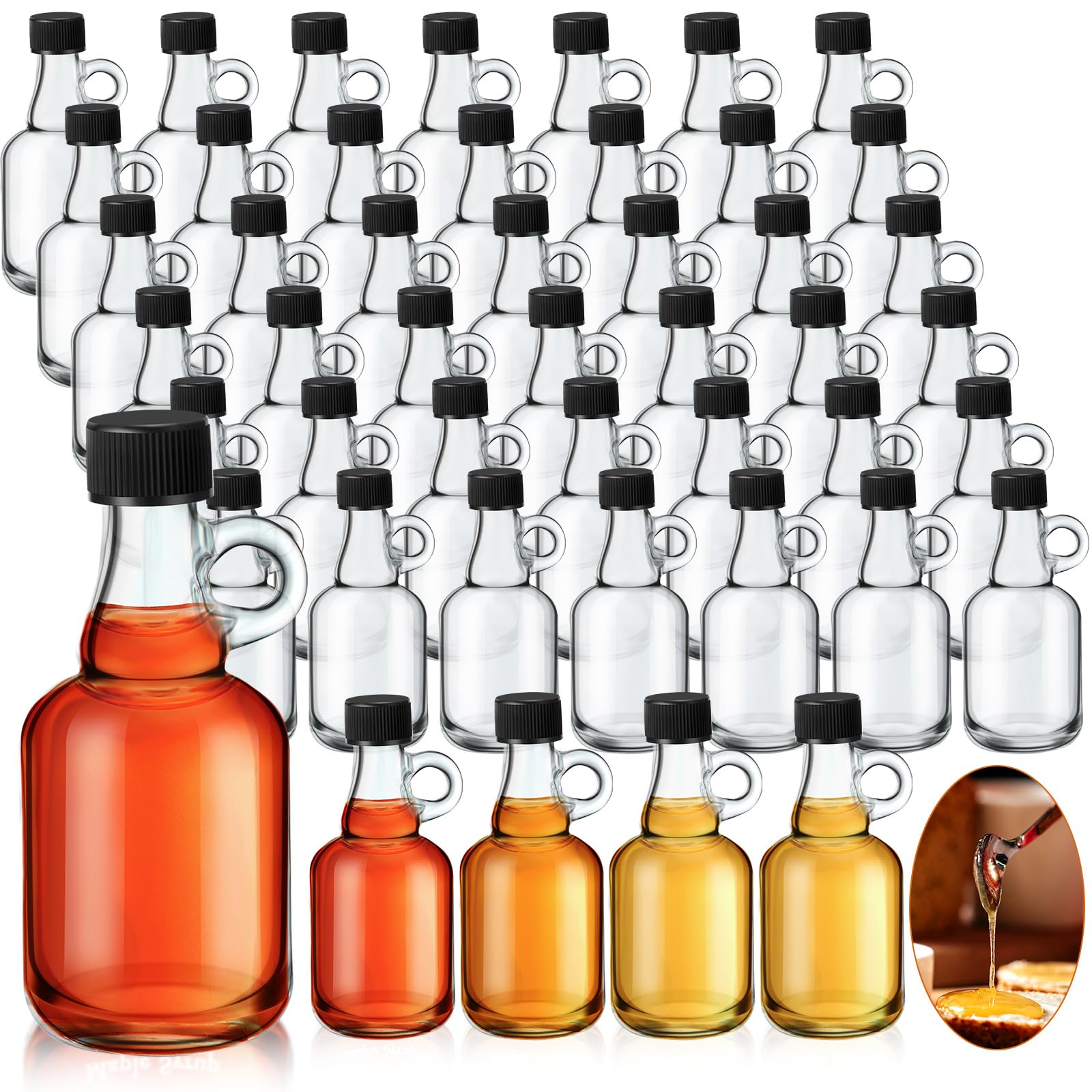 Blushtier 48 Packs 3.4 oz Glass Syrup Bottles with Handle and Black Lids, Mini Maple Syrup Bottles for Party & Wedding Favors Gifts, Honey, Coffee, Juice
