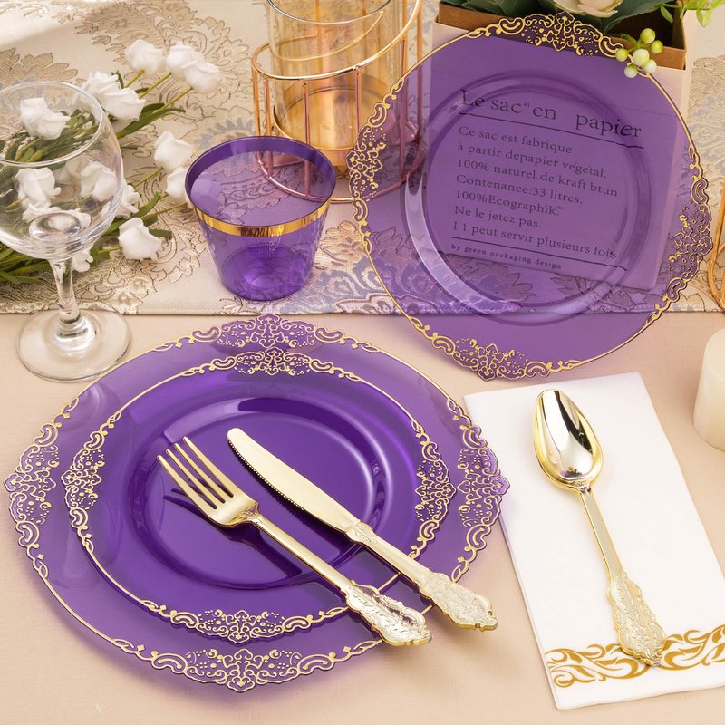 Bestluck 175PCS Clear Purple Plastic Plates for 25 Guests, Disposable Plates with Gold Trim include 25 Dinner Plates, 25 Dessert Plates, 75 Gold Silverware, 25 Cups, 25 Napkins for Party, Wedding