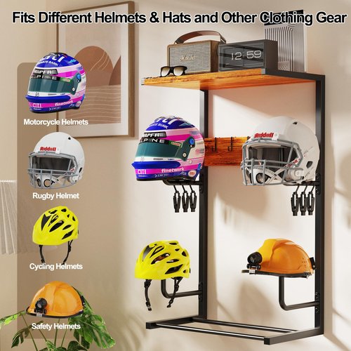 Motorcycle Helmet Rack Wall Mount,33.5"x20"x12" Universality Sport Gear Organizer with 6 Glove Clips & 6 Key Hooks,70LBS Capacity Storage Shelf for Helmets,Racing Suits,Jackets,Boots