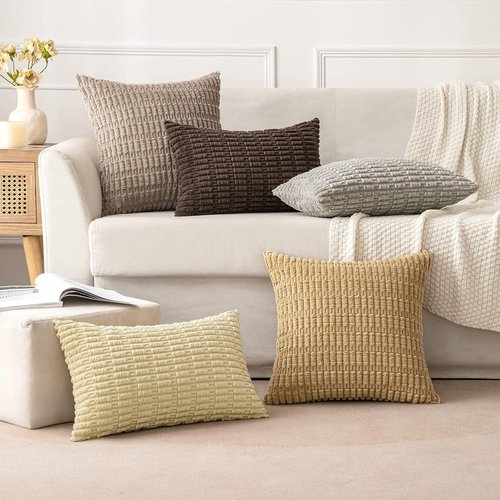 MIULEE Euro Sham Pillow Covers - Soft Corduroy Boho Striped Design | 24x24 Inch Light Brown Decor