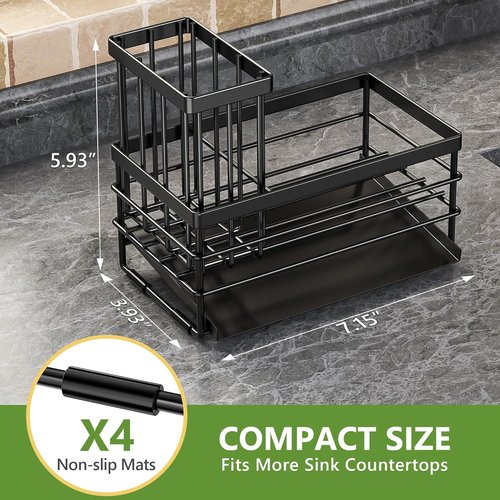 Cisily Sink Caddy - Rustproof Kitchen Organizer with Brush Holder & Self-Drain Tray | Black