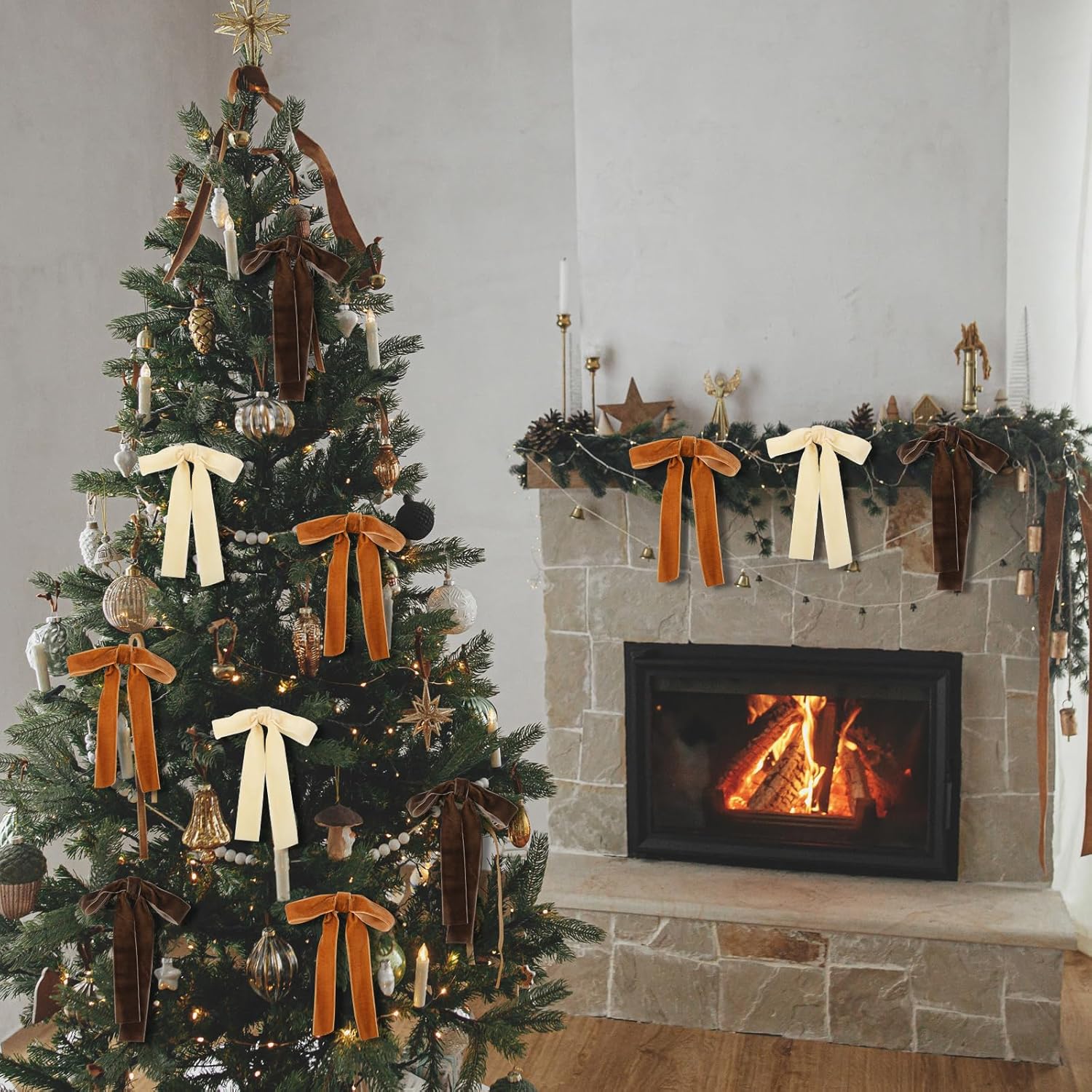 Regine Switzerland Velvet Bows - 24 Pcs Christmas Tree Ornaments | Khaki 5 x 7 Inch Decor