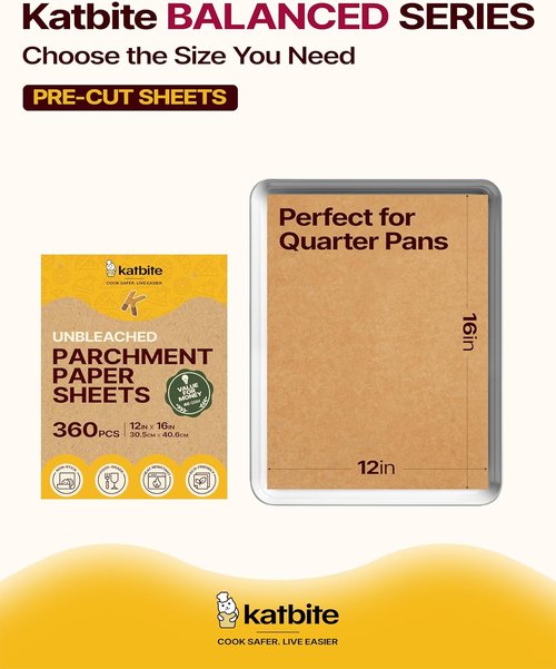 Katbite Parchment Paper Sheets - 360 PCS Non-Stick Unbleached Baking Paper | 12x16 Inches Heavy Duty for Oven & Air Fryer