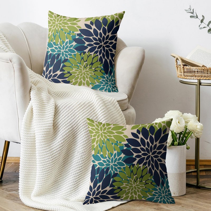 Smozenith Navy Blue Green Teal Pillow Covers 18X18 Inch Set of 2, Modern Geometry Dahlia Floral Print Decorative Throw Pillow Covers Outdoor Farmhouse Cushion Case for Home Couch Sofa Bed Decoration