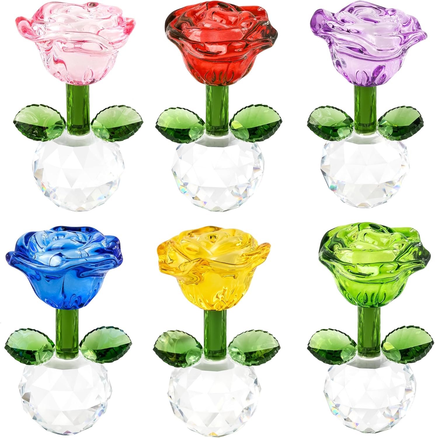 Skiennix Crystal Glass Rose Flowers Figurines - Colorful Blown Glass Centerpieces for Home & Office | 3.5in