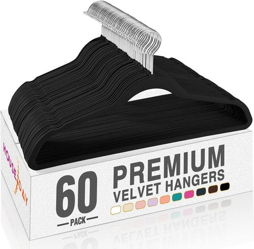HOUSE DAY Black Velvet Hangers - 60 Pack Premium Non-Slip Clothes Hangers with Adjustable Clips